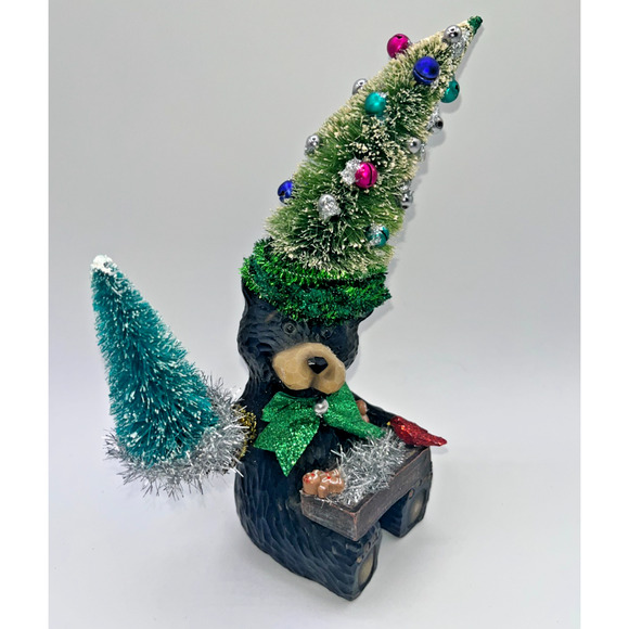 Vintage Black Bear with Christmas Tree Pinecone Paw Gingerbread Cardinal OOAK - Picture 6 of 16